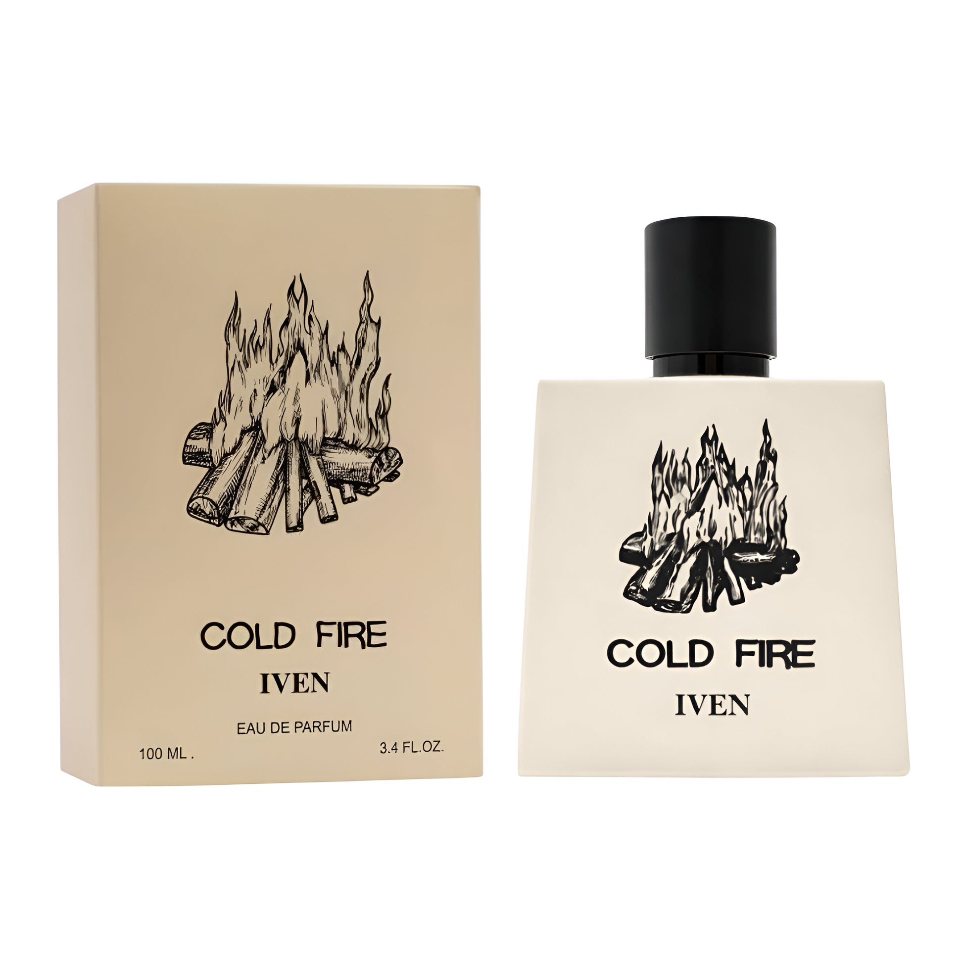 Perfume bottle and packaging of 'Cold Fire' by Iven on a white background