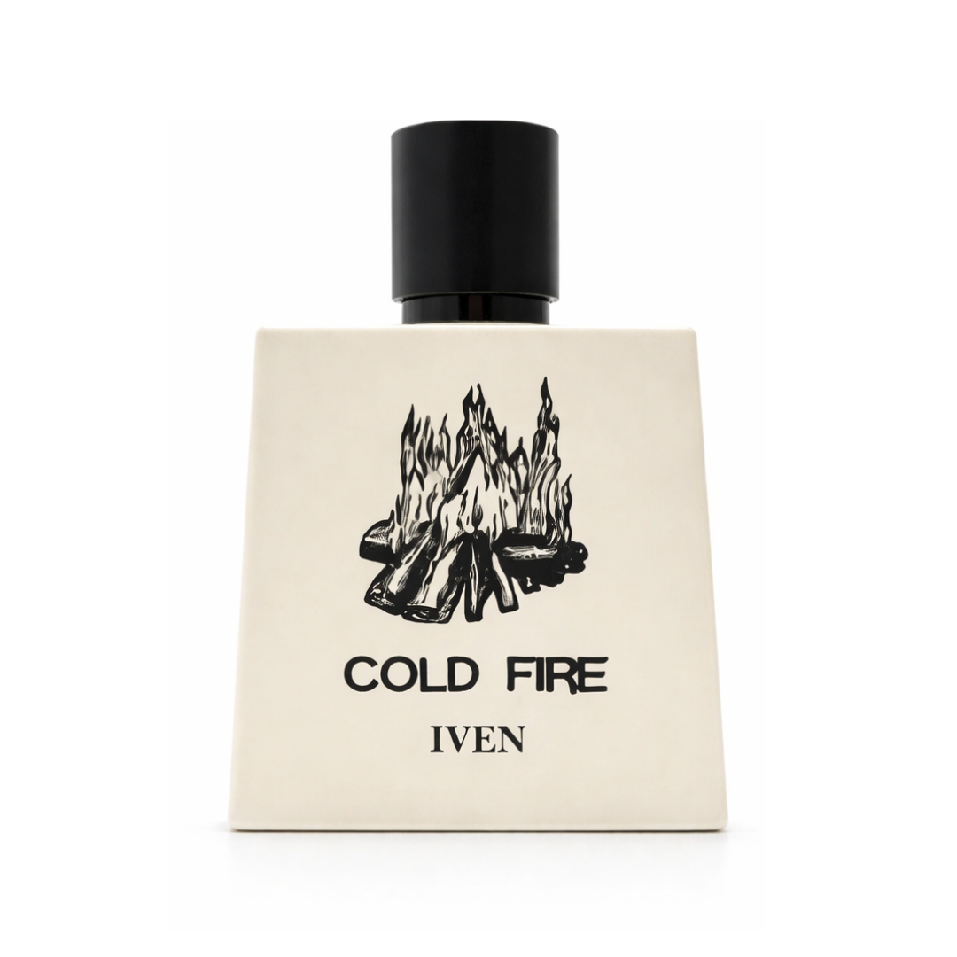 Perfume bottle labeled 'Cold Fire Iven' with a black and white design on a beige background
