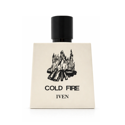 Perfume bottle labeled 'Cold Fire Iven' with a black and white design on a beige background