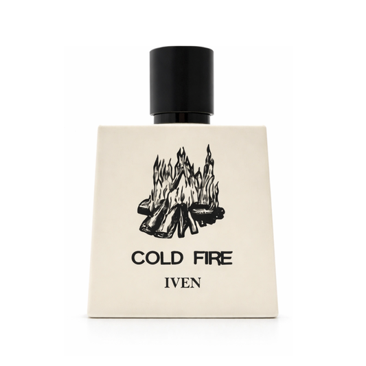 Perfume bottle labeled 'Cold Fire Iven' with a black and white design on a beige background