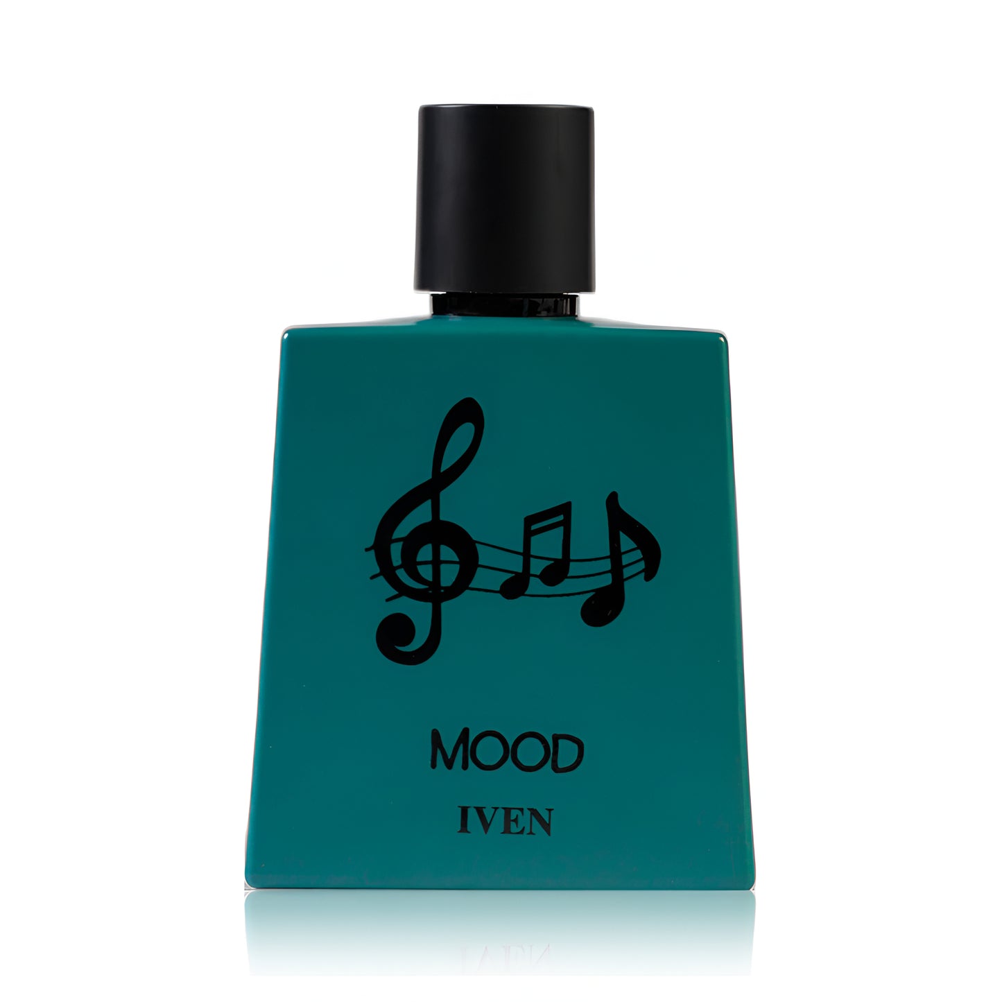 Teal perfume bottle with black cap and musical note design on a white background