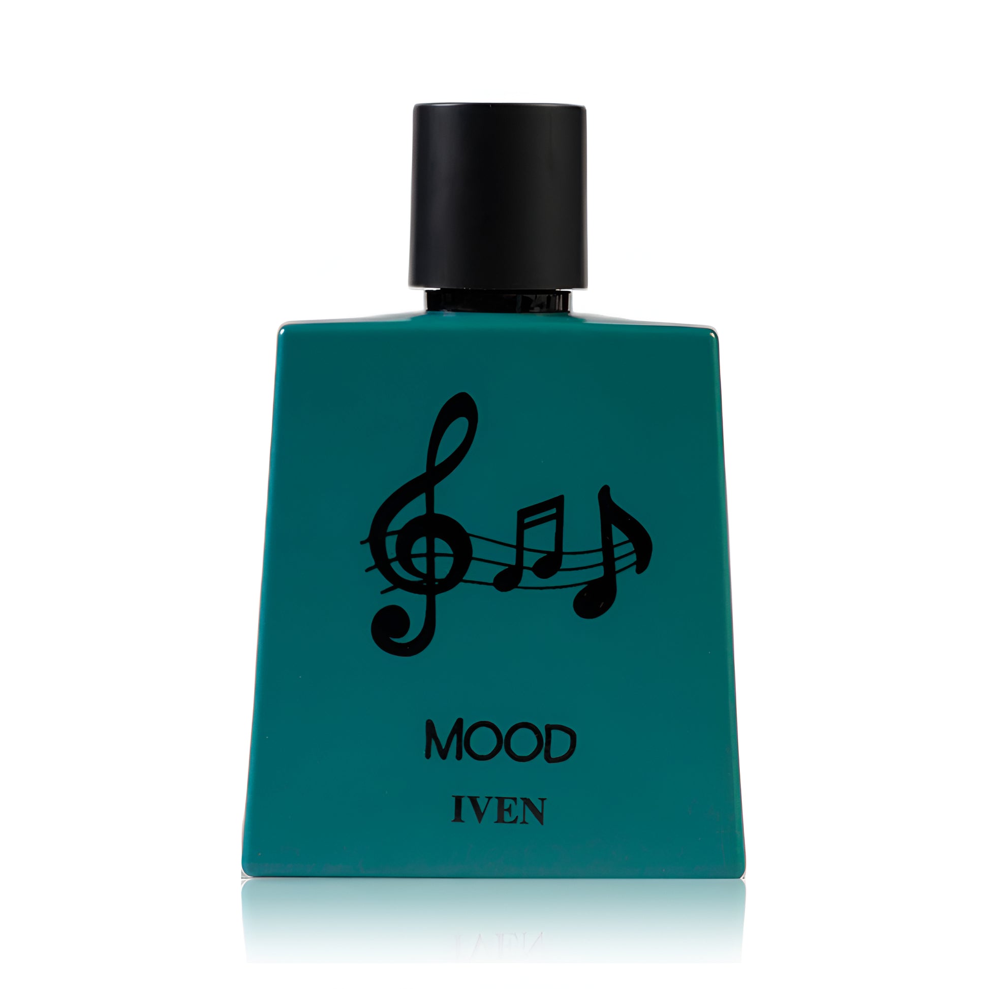Teal perfume bottle with black cap and musical note design on a white background