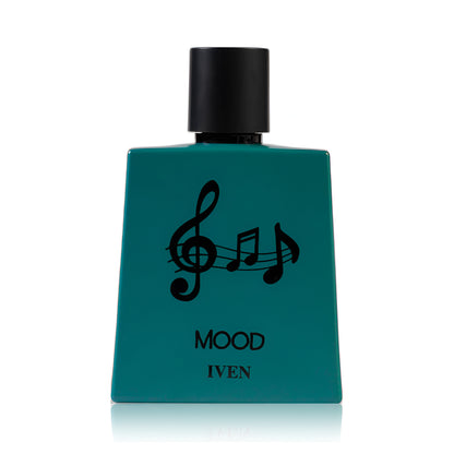 Teal perfume bottle with black cap and musical note design on a white background