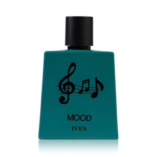 Teal perfume bottle with black cap and musical note design on a white background