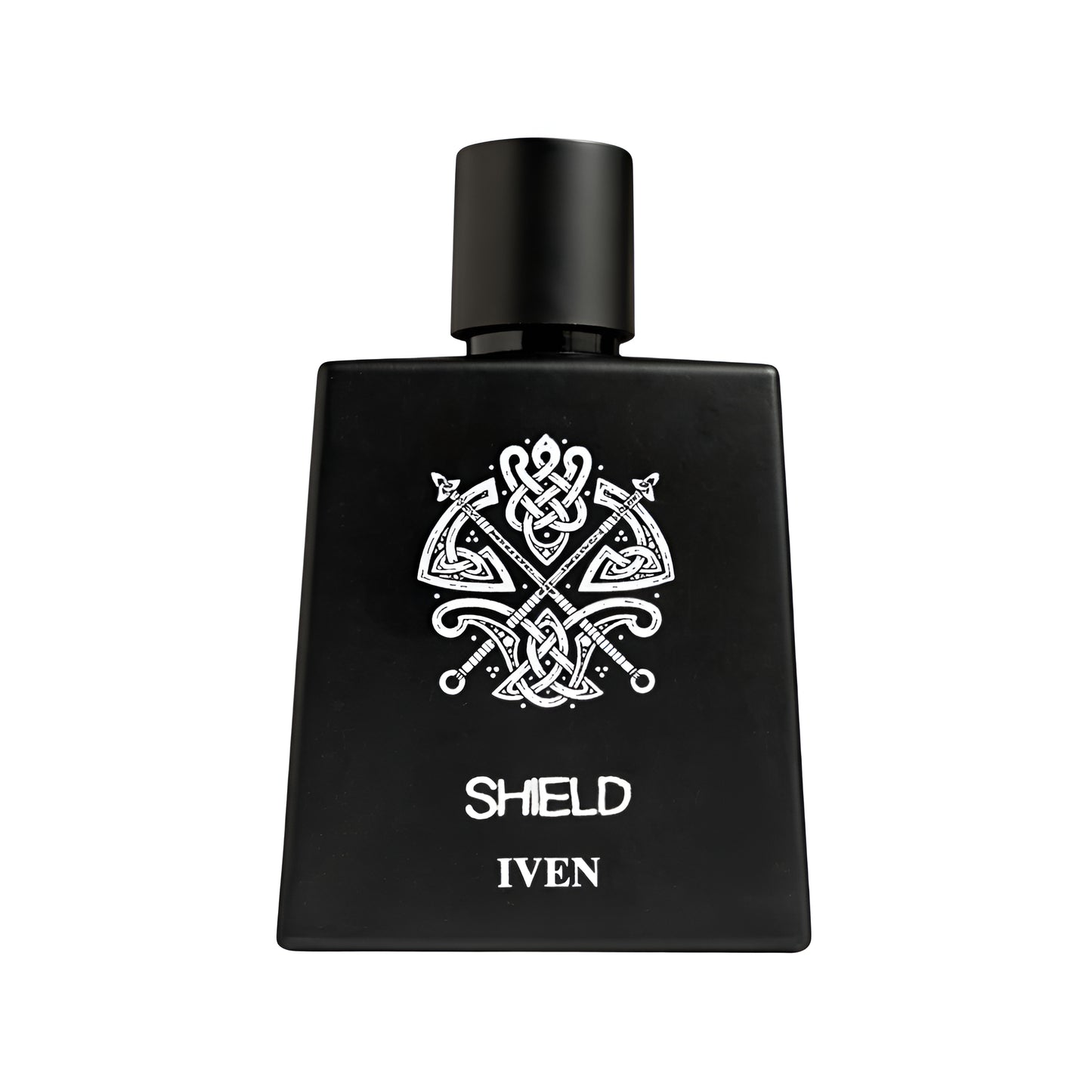 Black perfume bottle with 'SHIELD' and 'IVEN' text on a white background