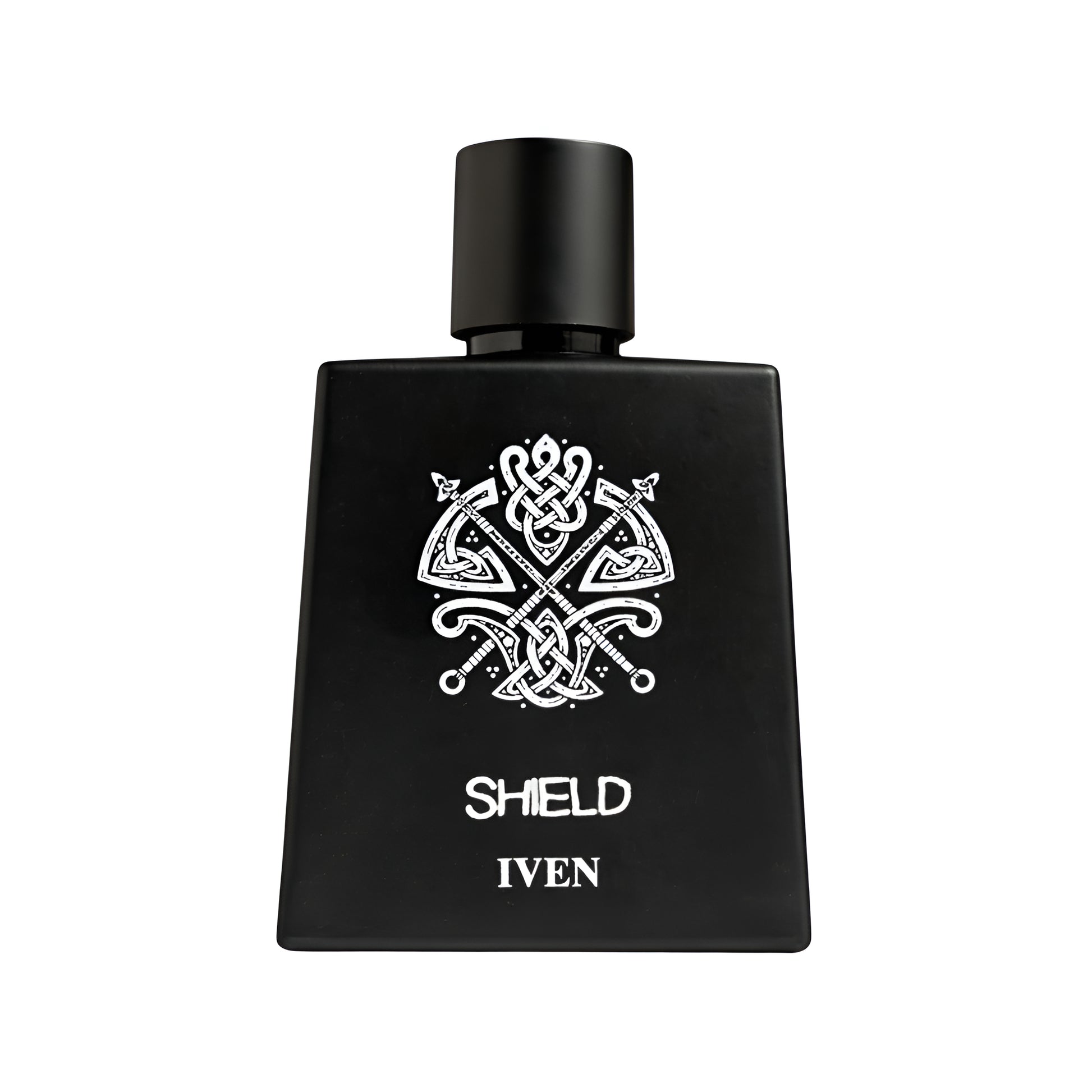 Black perfume bottle with 'SHIELD' and 'IVEN' text on a white background