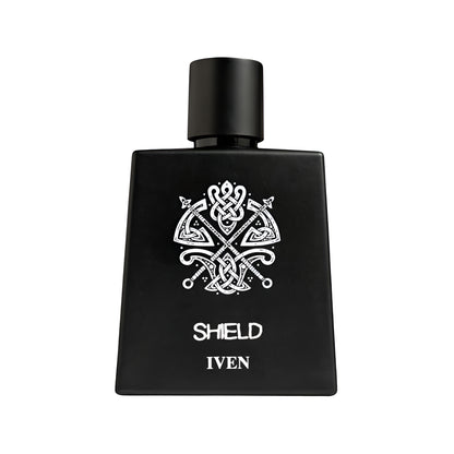 Black perfume bottle with 'SHIELD' and 'IVEN' text on a white background