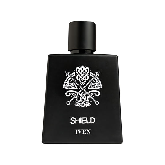 Black perfume bottle with 'SHIELD' and 'IVEN' text on a white background