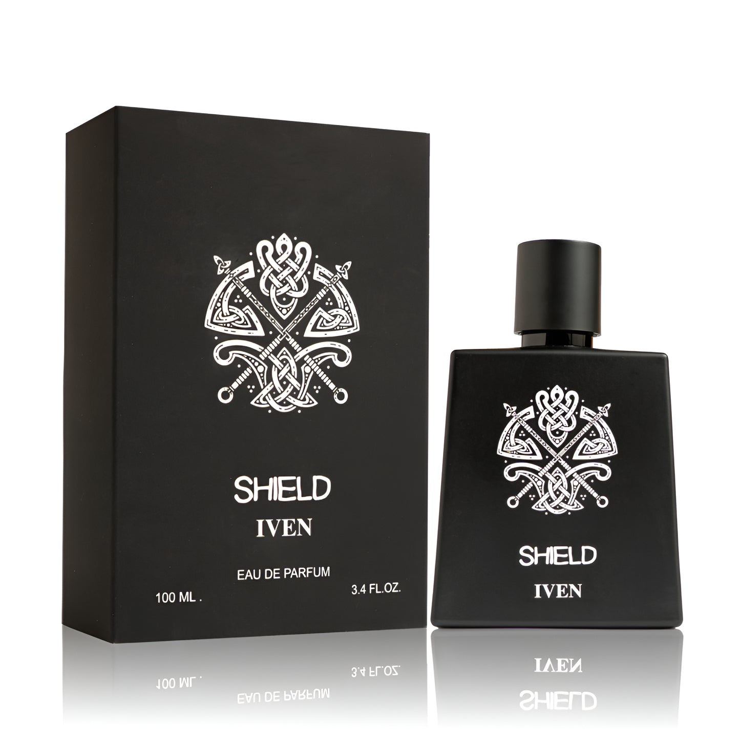 Black 'Shield Iven' perfume bottle and packaging on a white background