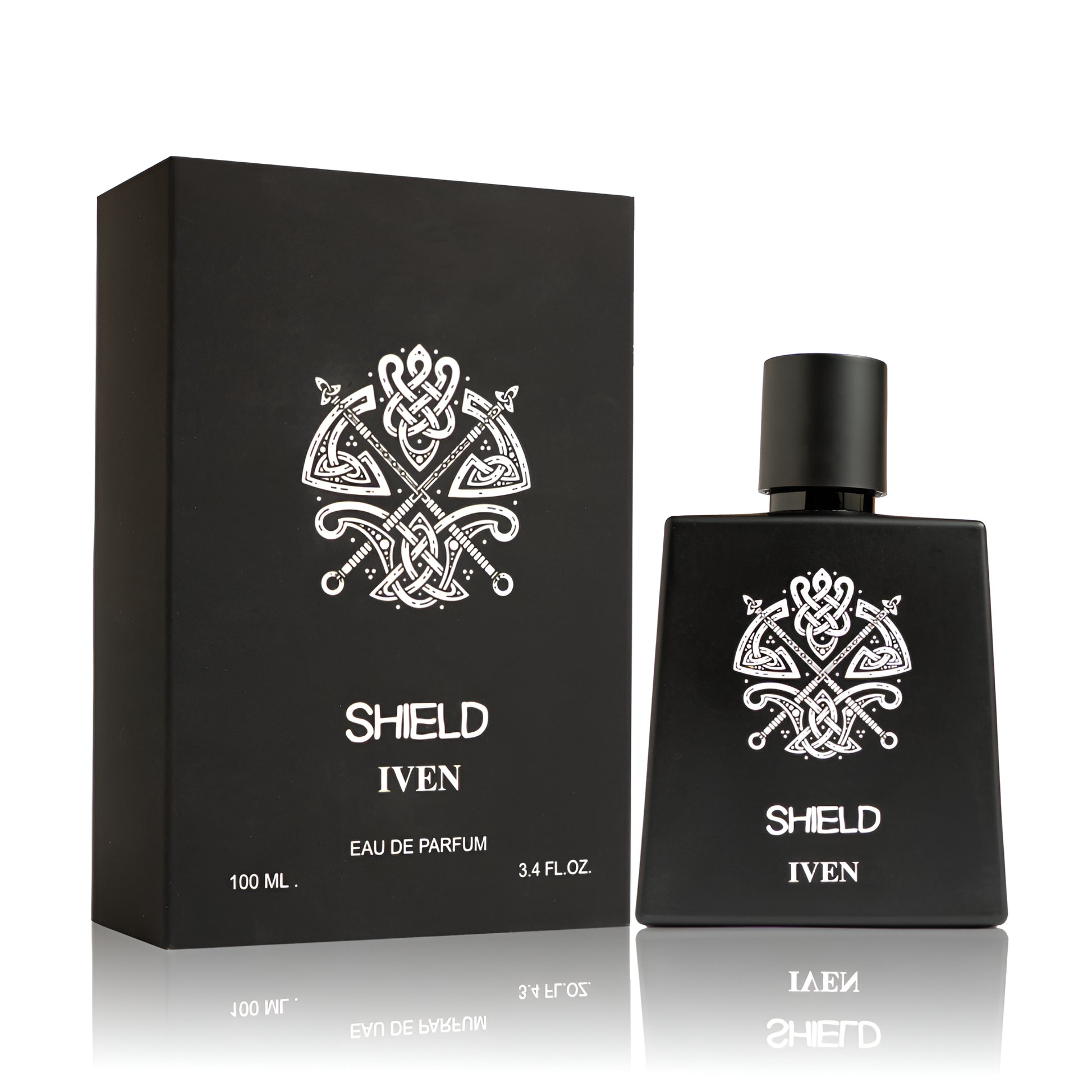 Black 'Shield Iven' perfume bottle and packaging on a white background