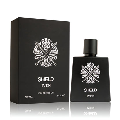 Black 'Shield Iven' perfume bottle and packaging on a white background