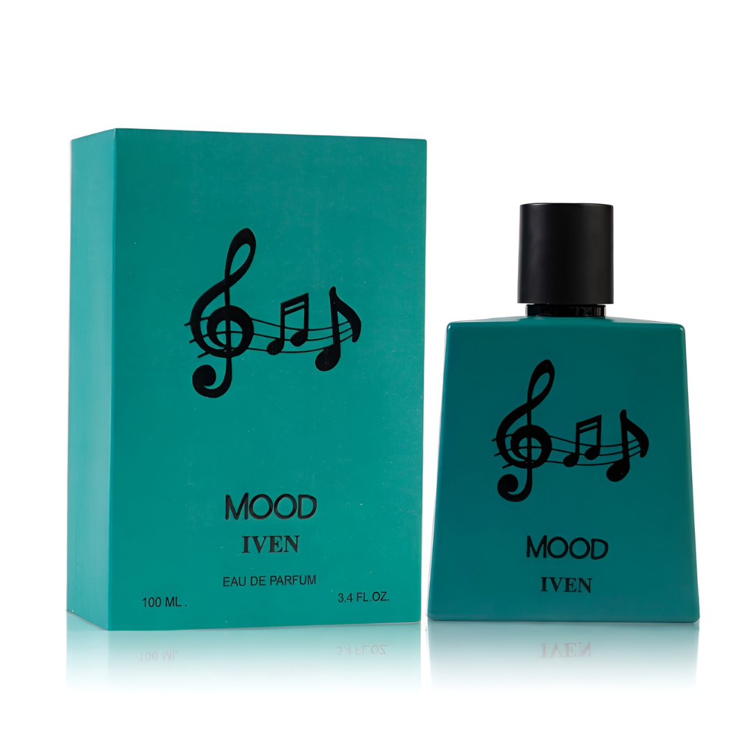 Teal perfume bottle and packaging with musical notes on a white background