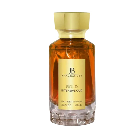 Perfume bottle labeled 'JB Fragrances Gold Intensive Oud' on a white background