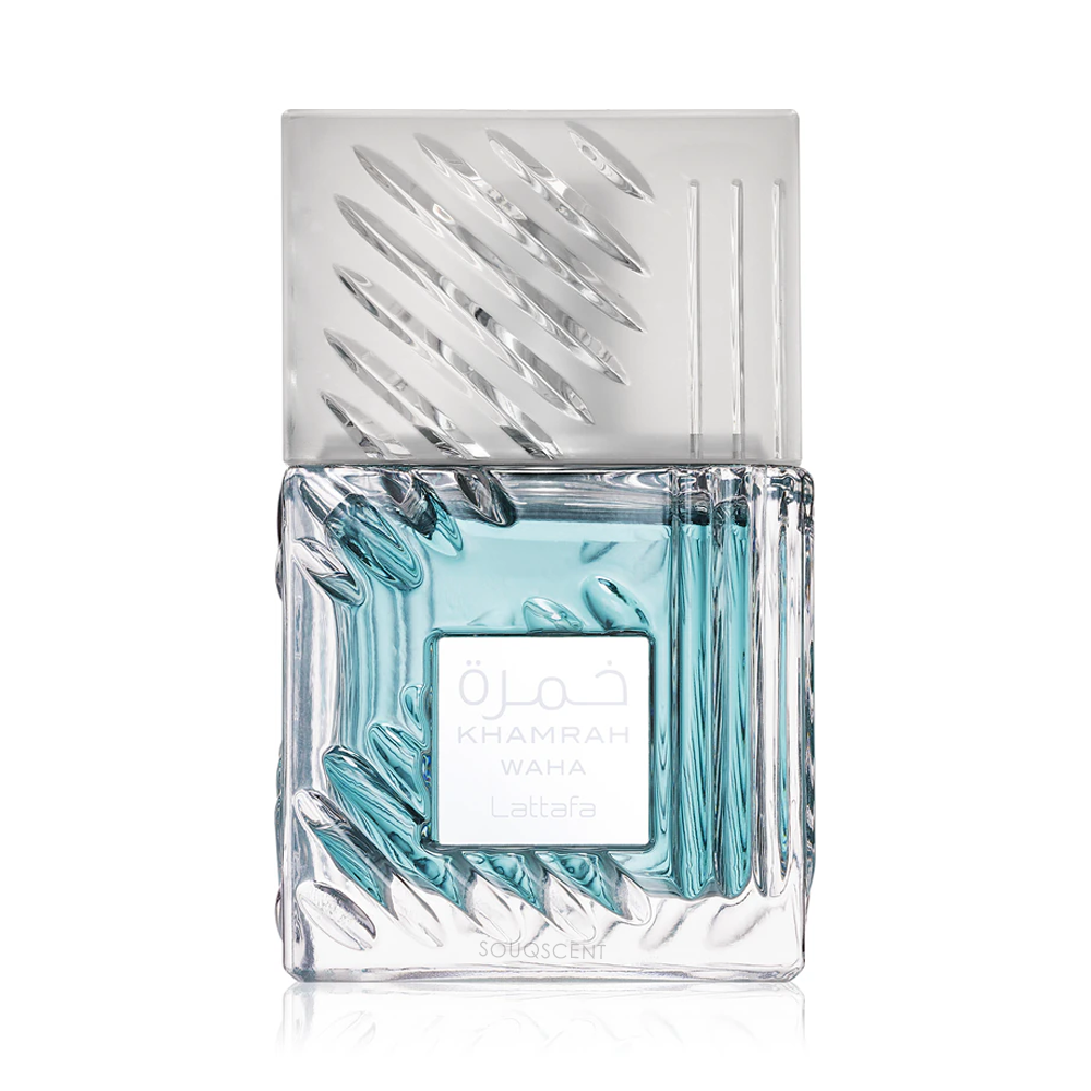 A bottle of Khamrah Waha fragrance by Lattafa, featuring a clear glass bottle with textured blue-green liquid and a matching clear cap with diagonal ridges, set against a plain white background.