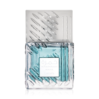 A bottle of Khamrah Waha fragrance by Lattafa, featuring a clear glass bottle with textured blue-green liquid and a matching clear cap with diagonal ridges, set against a plain white background.