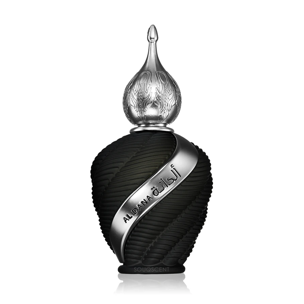 Black perfume bottle with silver cap on a white background