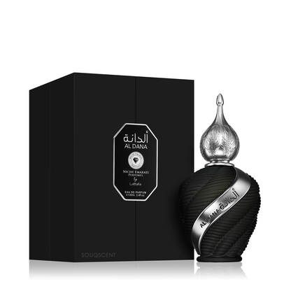 Black perfume bottle and packaging with 'Al Dana' branding on a white background