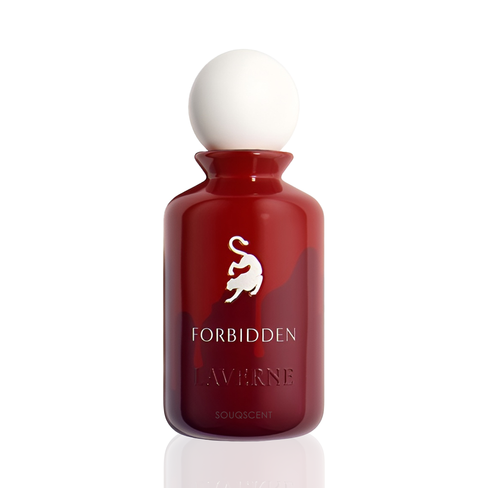 A bottle of LAVERNE Forbidden LAVERNE perfume by Souqscient, featuring a glossy deep red glass bottle with a white spherical cap, set against a clean white background with a subtle refERENCE