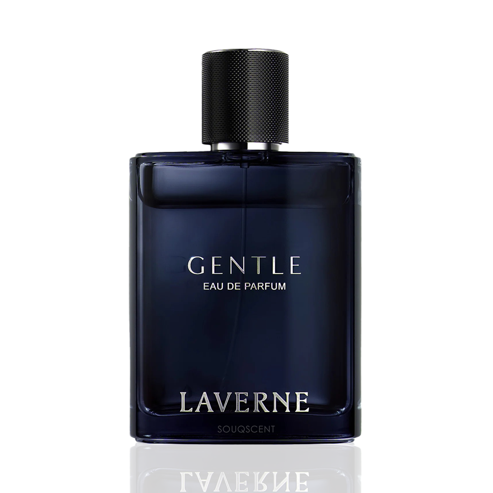 A bottle of Laverne Gentle Eau de Parfum with a dark navy blue glass body and a textured black cap, shown on a white background with a subtle reflection.