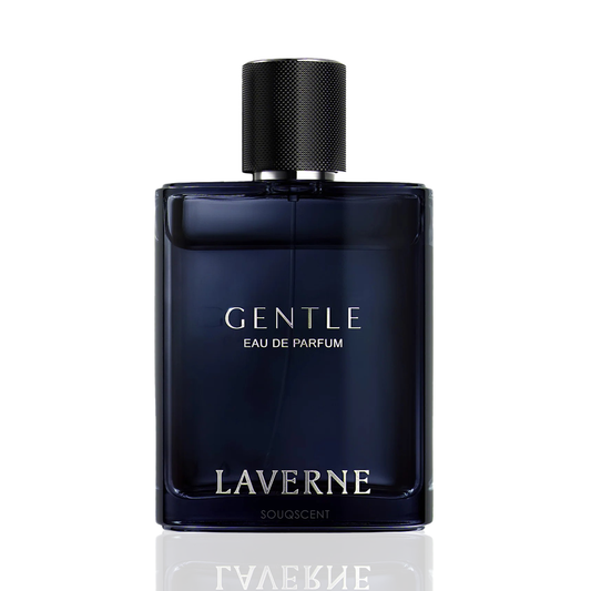 A bottle of Laverne Gentle Eau de Parfum with a dark navy blue glass body and a textured black cap, shown on a white background with a subtle reflection.