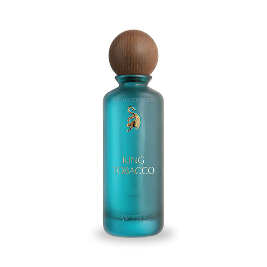 Blue bottle of King Tobacco with a wooden cap on a white background