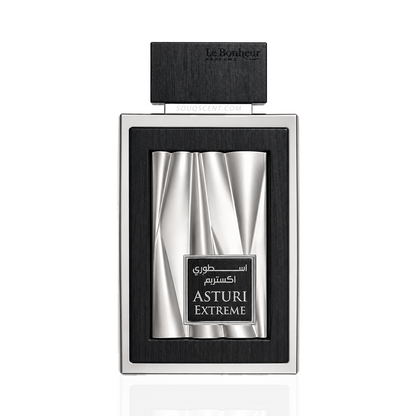 Perfume bottle labeled 'Asturi Extreme' by Le Bonheur Parfums on a white background