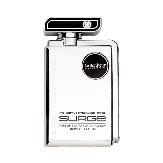 Perfume bottle labeled 'Black Cavalier Surge' by Le Bonheur on a white background