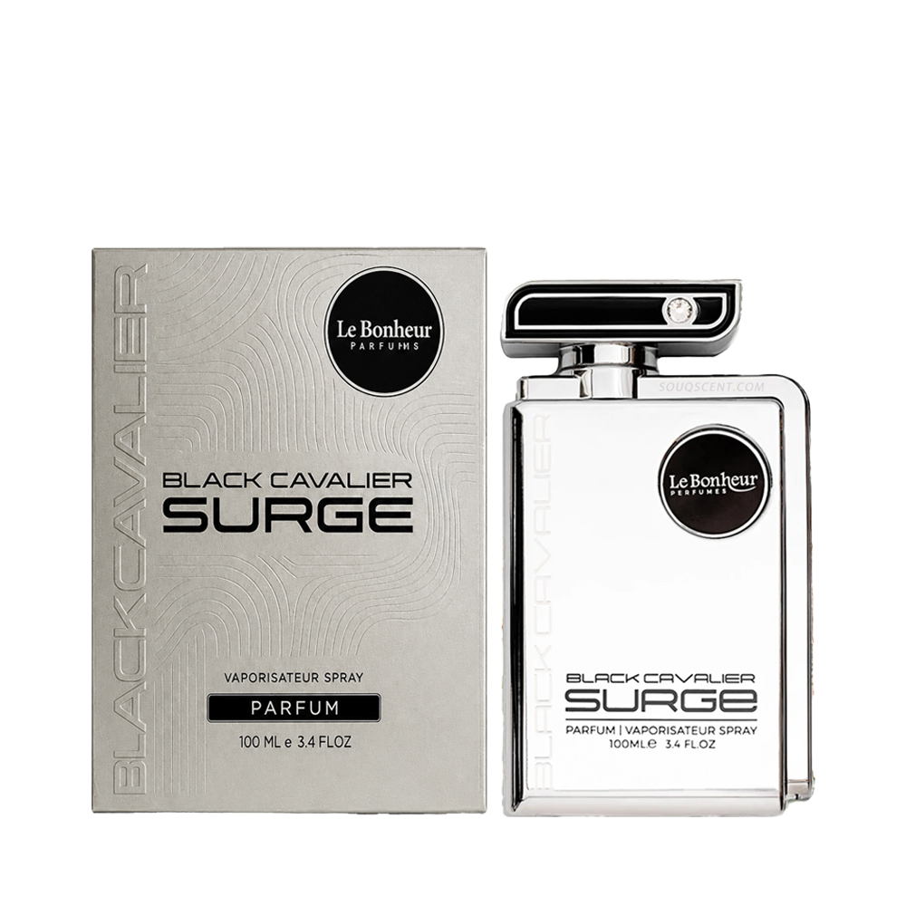 Black Cavalier Surge perfume bottle and packaging on a white background
