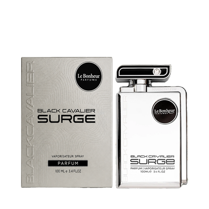 Black Cavalier Surge perfume bottle and packaging on a white background
