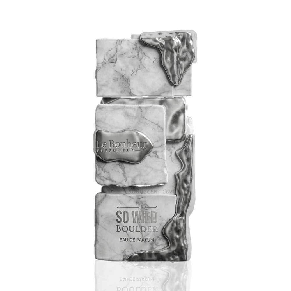 Marble-textured perfume bottle labeled 'Le Bonheur Parfumes' on a white background
