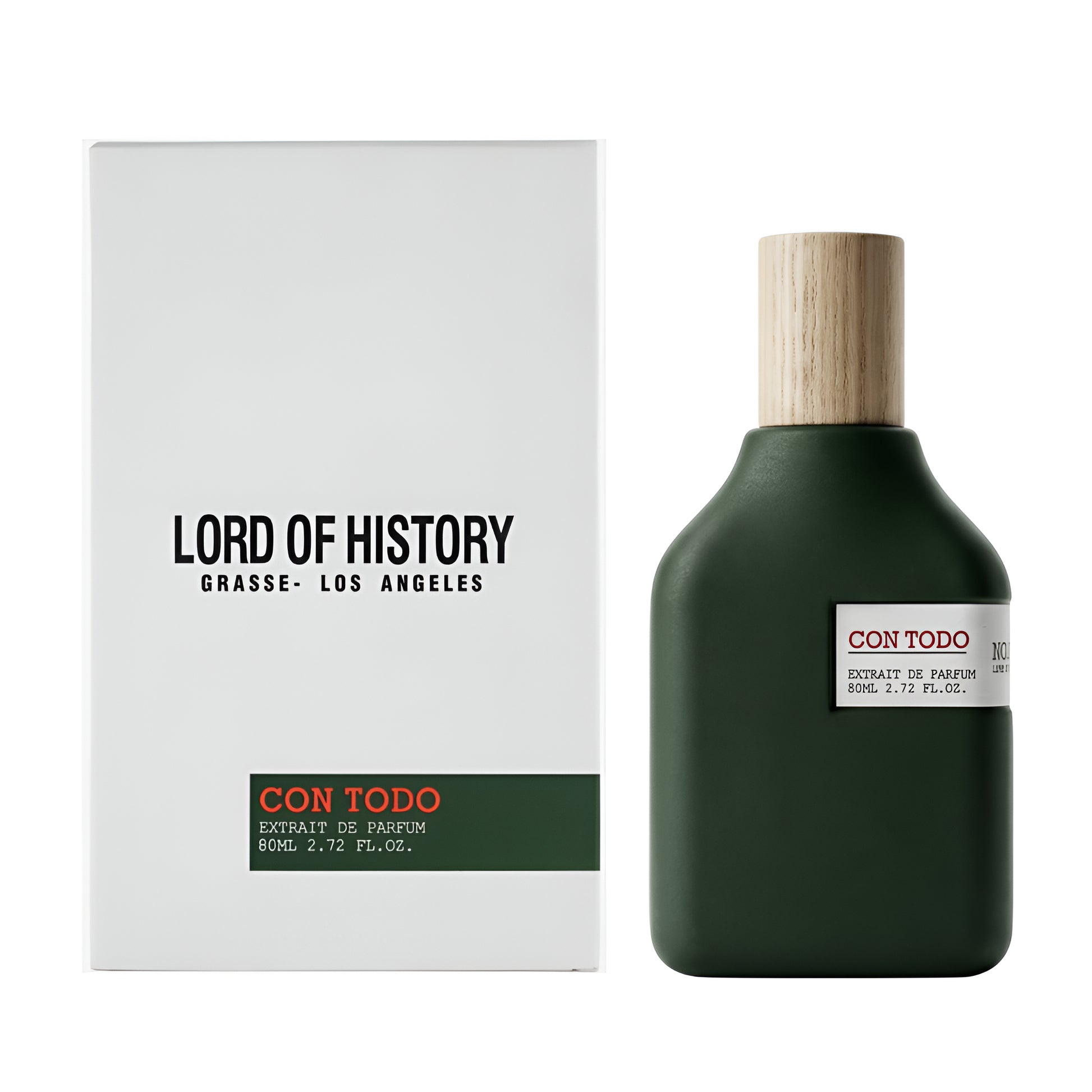 Green perfume bottle with wooden cap and white box labeled 'Lord of History' on a white background