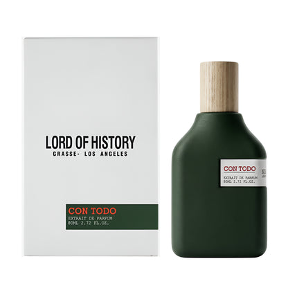 Green perfume bottle with wooden cap and white box labeled 'Lord of History' on a white background