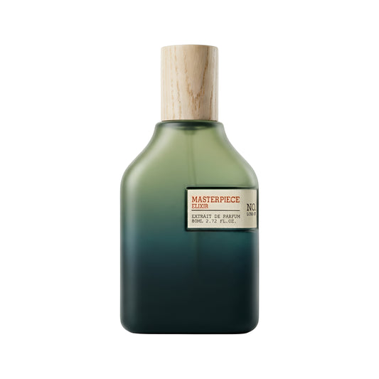 Green perfume bottle with wooden cap on a white background