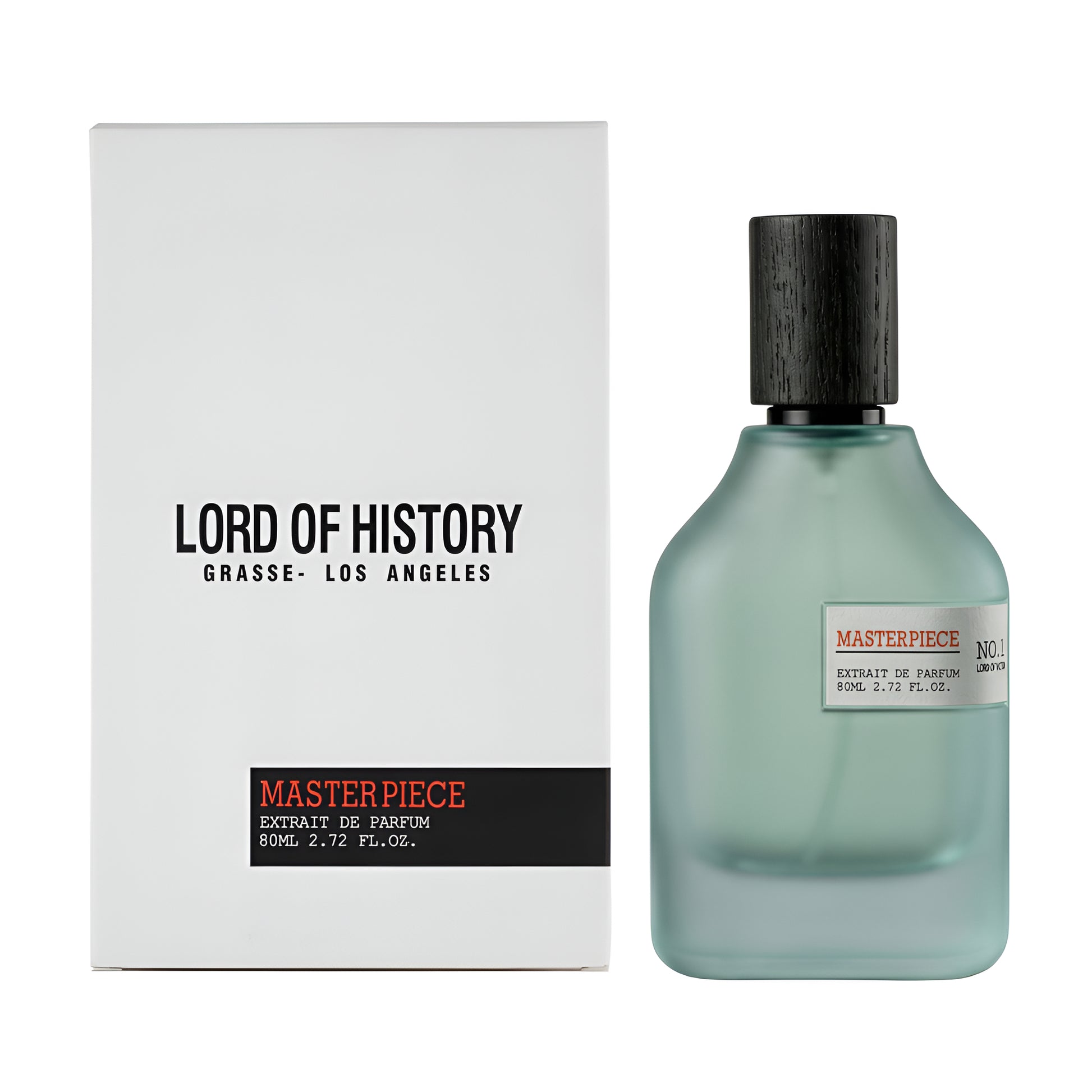 Perfume bottle and packaging of 'Lord of History' with 'Masterpiece' label on a white background