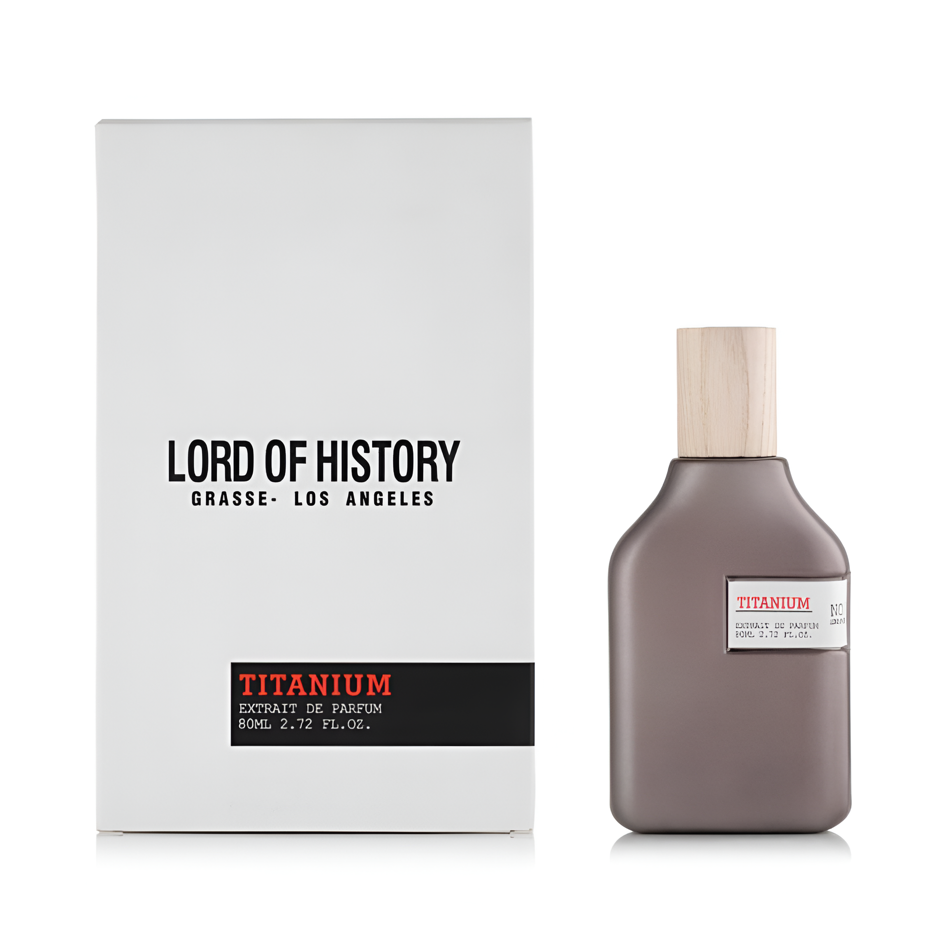 Perfume bottle and packaging of 'Lord of History' Titanium on a white background