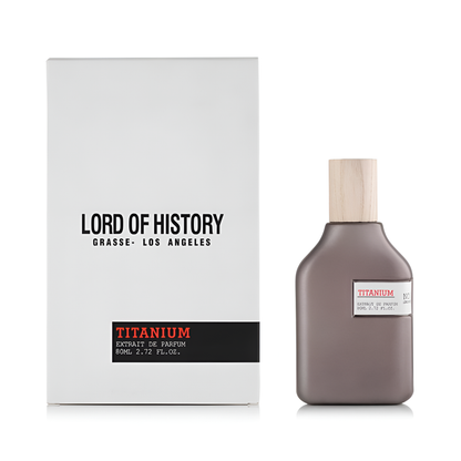 Perfume bottle and packaging of 'Lord of History' Titanium on a white background