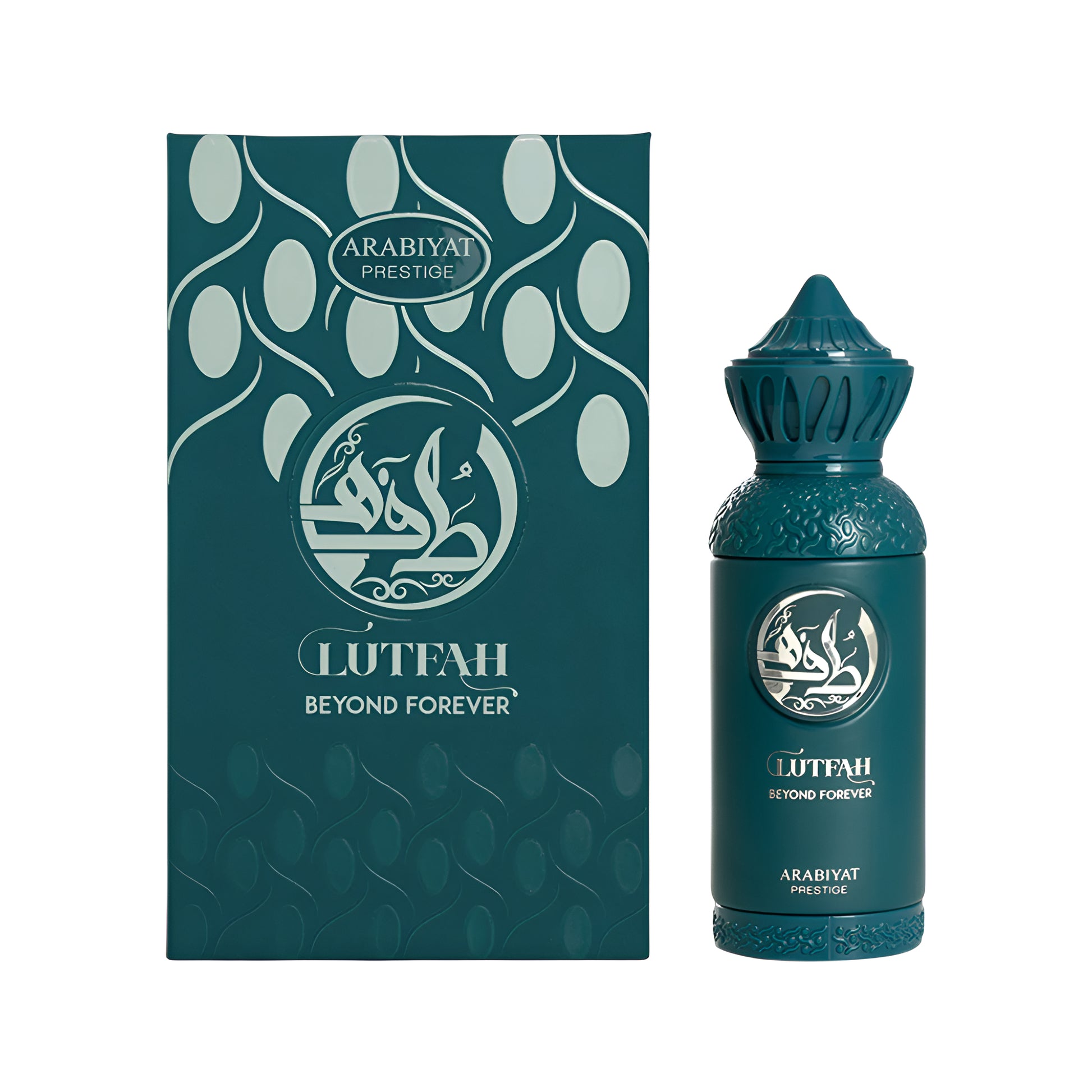 Arabiyat Prestige Lutfah Beyond Forever perfume bottle and packaging on a white background