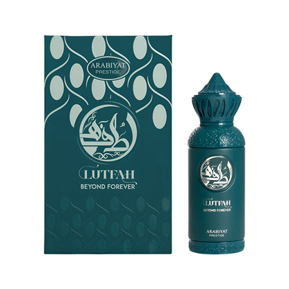 Arabiyat Prestige Lutfah Beyond Forever perfume bottle and packaging on a white background