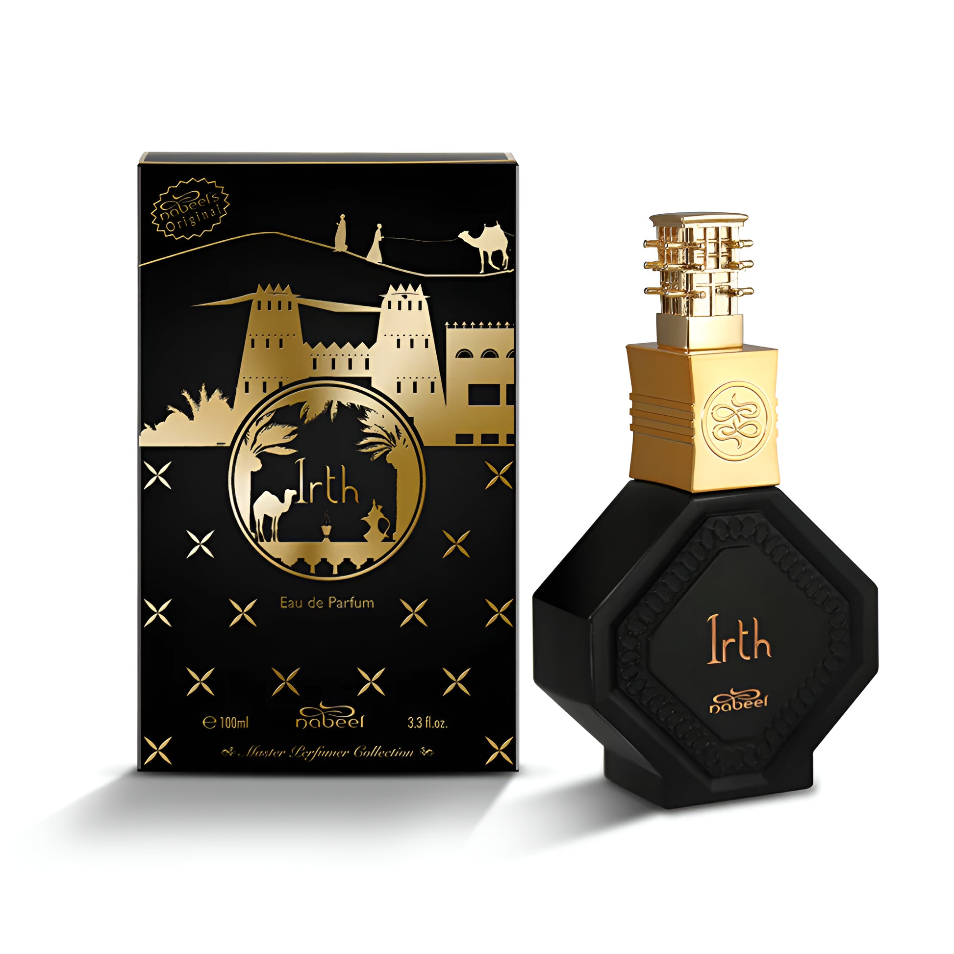 Black and gold perfume bottle with packaging featuring desert landscape design.