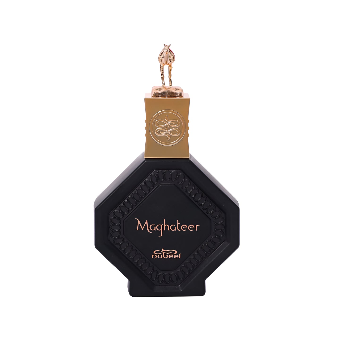 Black and gold perfume bottle with 'Maghaleer' branding on a white background