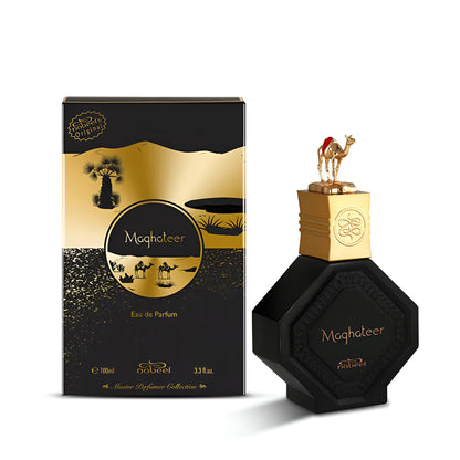 Black and gold perfume bottle with packaging featuring a camel design on a white background