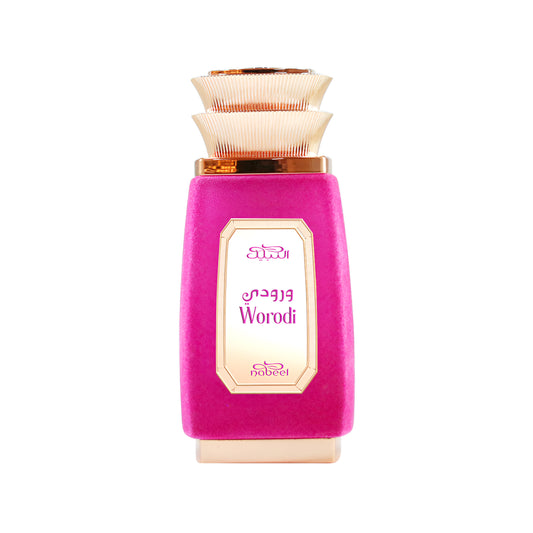 Pink perfume bottle with gold cap on a white background
