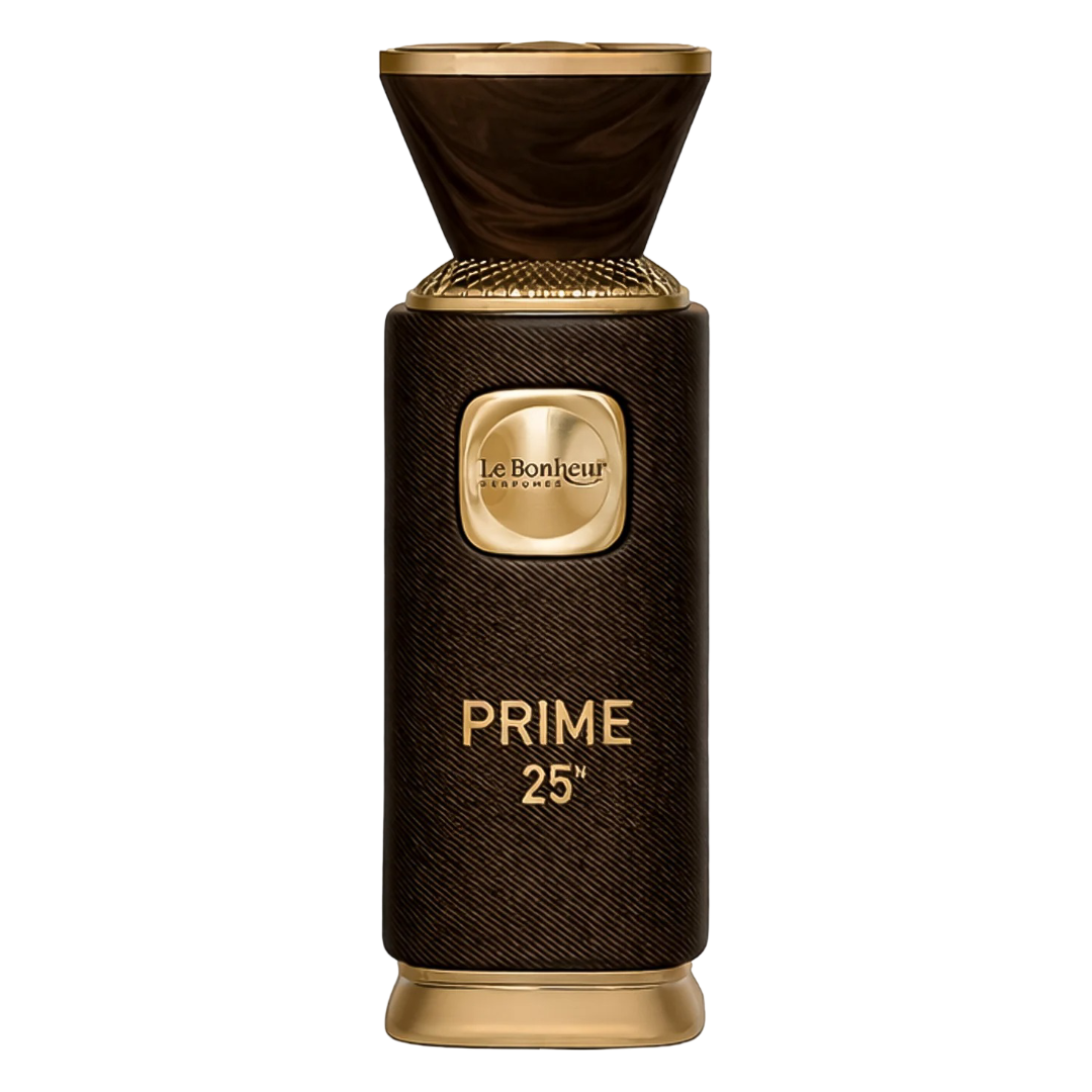 Brown and gold perfume bottle with 'Le Bonheur' branding on a white background