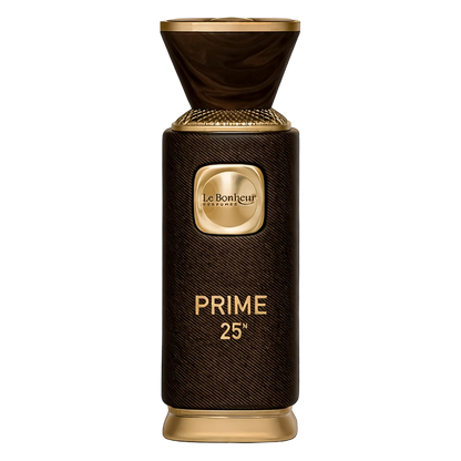 Brown and gold perfume bottle with 'Le Bonheur' branding on a white background