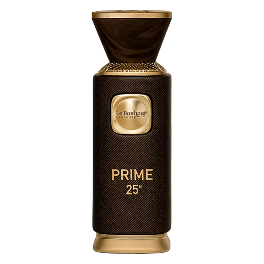 Brown and gold perfume bottle with 'Le Bonheur' branding on a white background