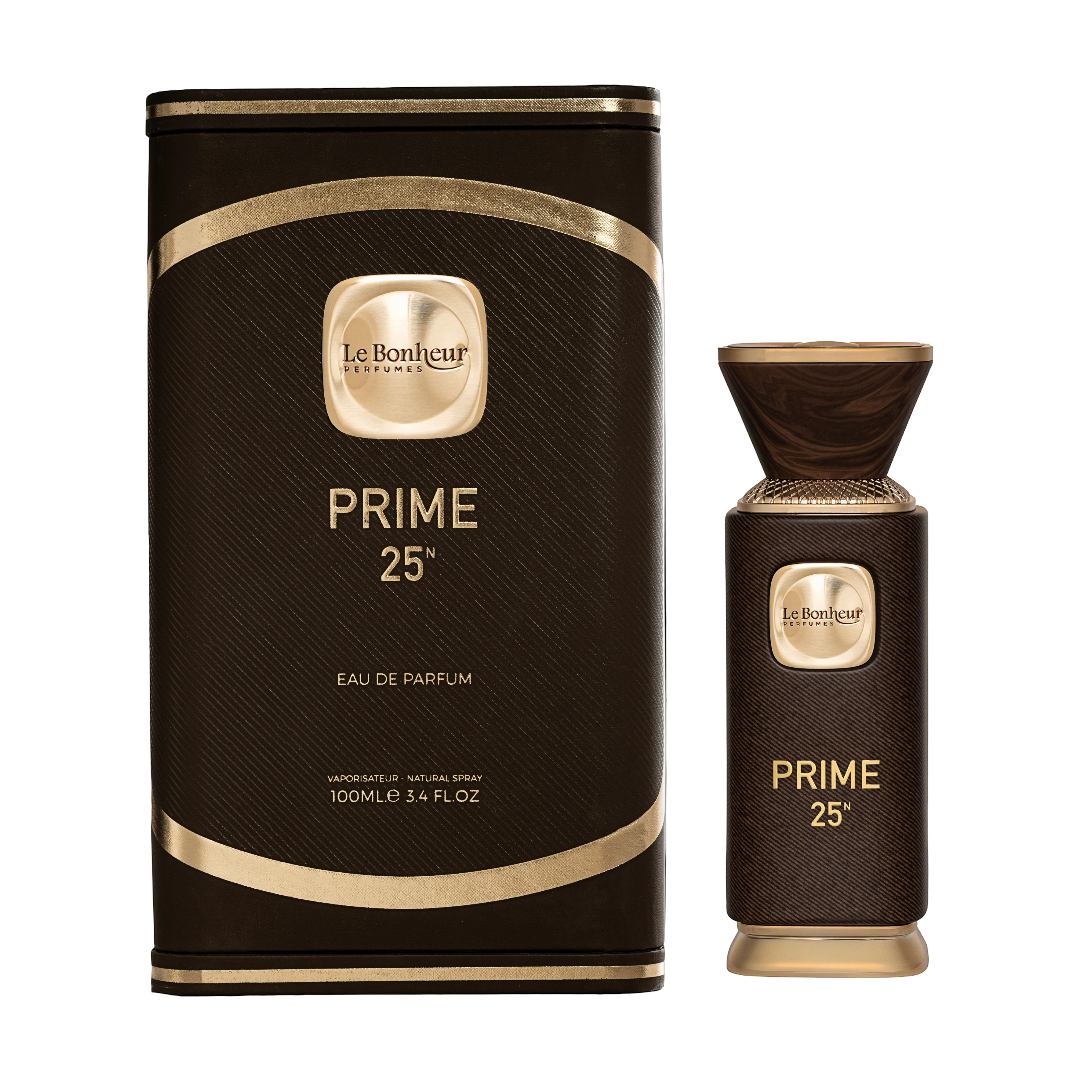 Le Bonheur Prime 25 perfume set with black and gold packaging on a white background