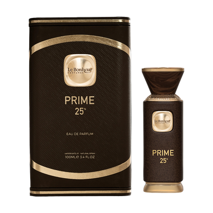 Le Bonheur Prime 25 perfume set with black and gold packaging on a white background