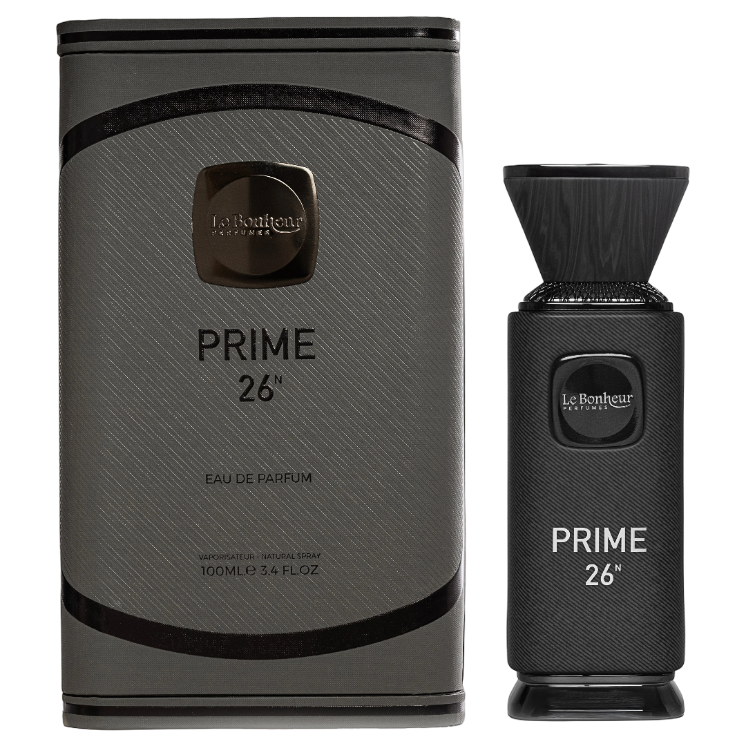 Le Bonheur Parfums 'Prime 26' perfume bottle and packaging on a white background