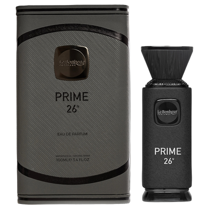 Le Bonheur Parfums 'Prime 26' perfume bottle and packaging on a white background