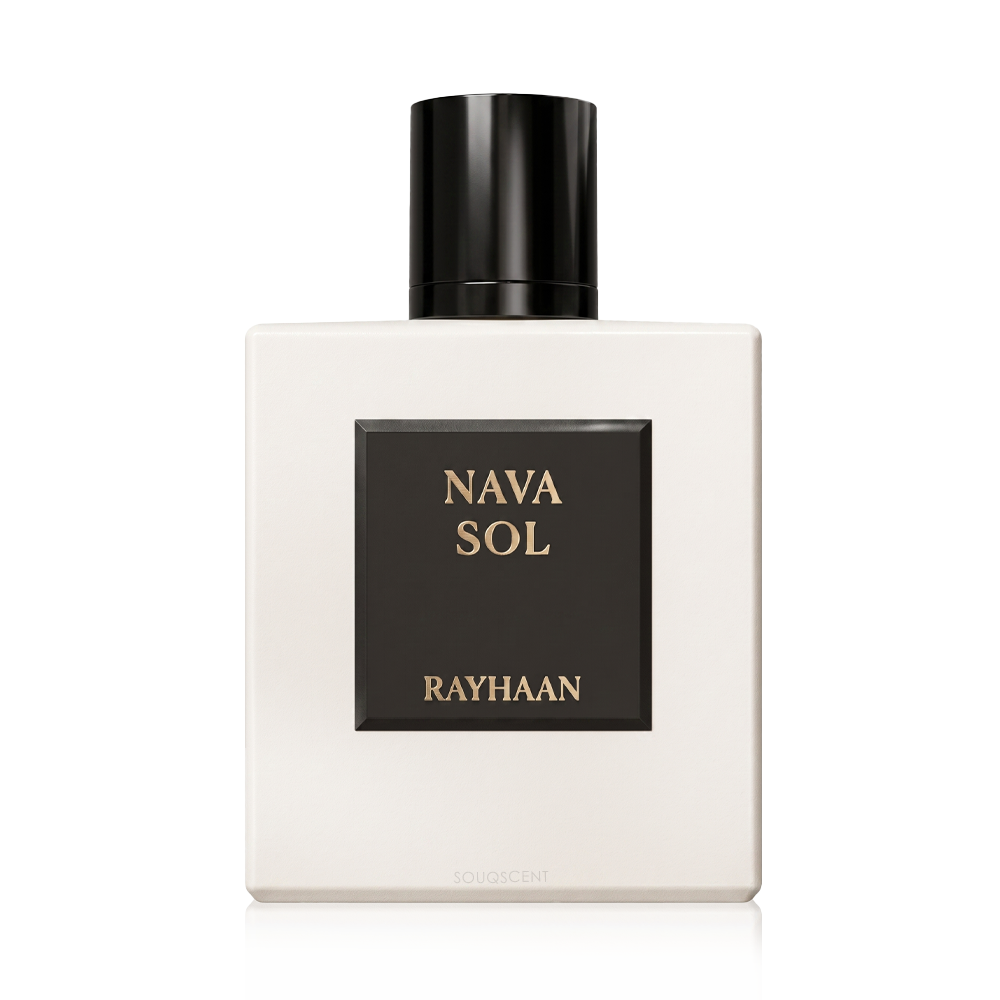 A square white fragrance bottle with a black cap and a central black label reading 'NAVA SOL' and 'RAYHAAN' in gold lettering, on a clean white background.